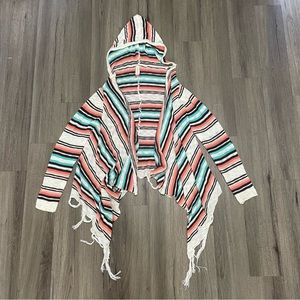 Striped Fringe Hem Hooded Cardigan